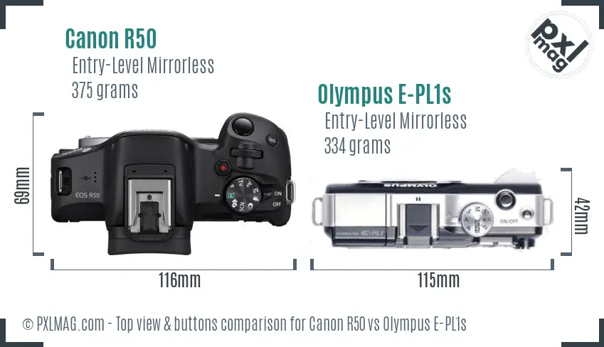Canon R50 vs Olympus E-PL1s top view buttons comparison