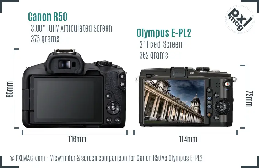 Canon R50 vs Olympus E-PL2 Screen and Viewfinder comparison