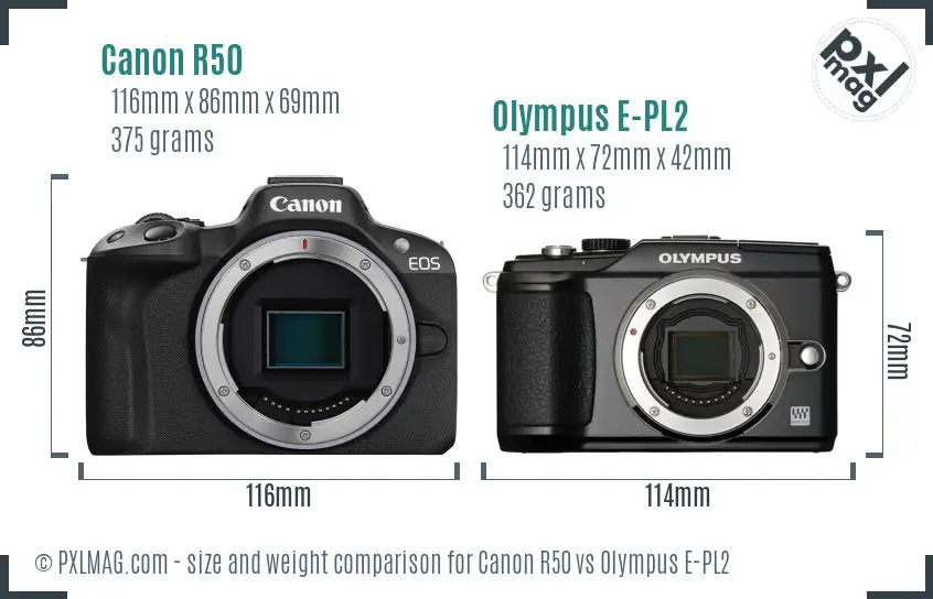 Canon R50 vs Olympus E-PL2 size comparison