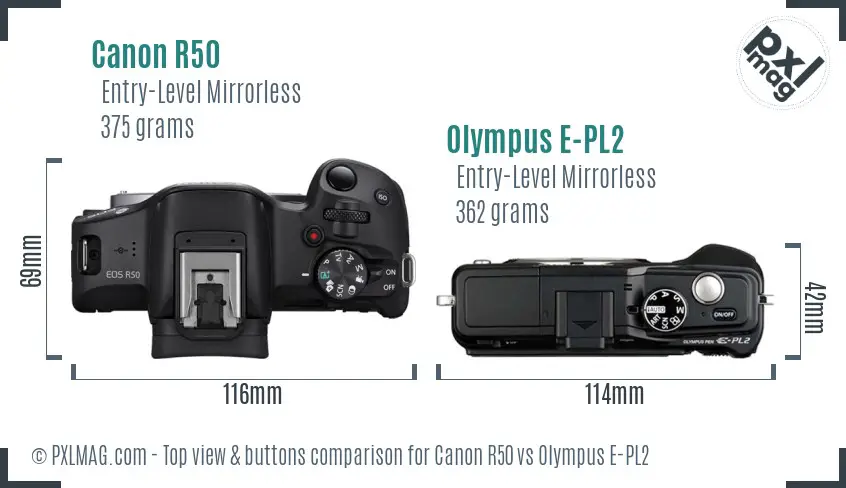 Canon R50 vs Olympus E-PL2 top view buttons comparison