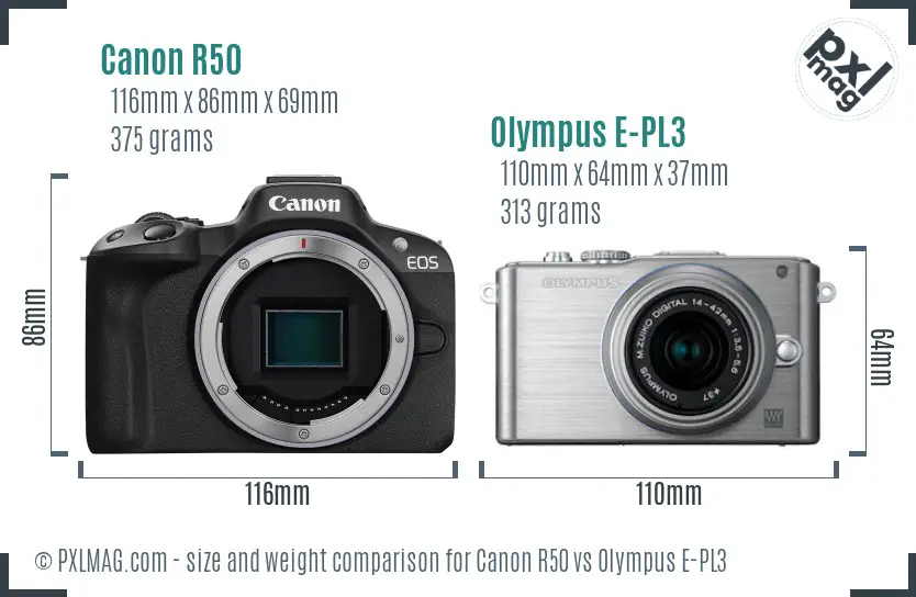 Canon R50 vs Olympus E-PL3 size comparison