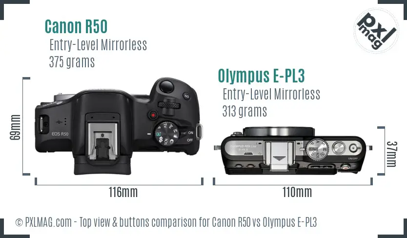 Canon R50 vs Olympus E-PL3 top view buttons comparison