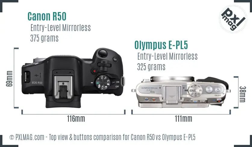 Canon R50 vs Olympus E-PL5 top view buttons comparison