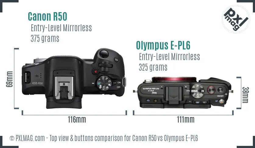Canon R50 vs Olympus E-PL6 top view buttons comparison