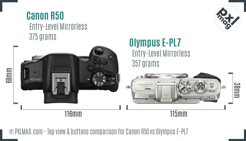 Canon R50 vs Olympus E-PL7 top view buttons comparison