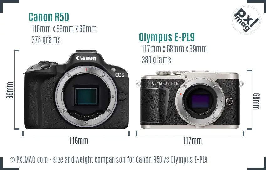Canon R50 vs Olympus E-PL9 size comparison