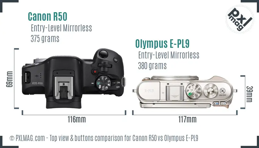 Canon R50 vs Olympus E-PL9 top view buttons comparison