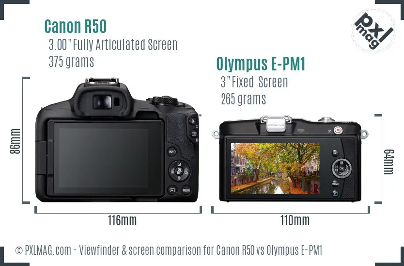 Canon R50 vs Olympus E-PM1 Screen and Viewfinder comparison