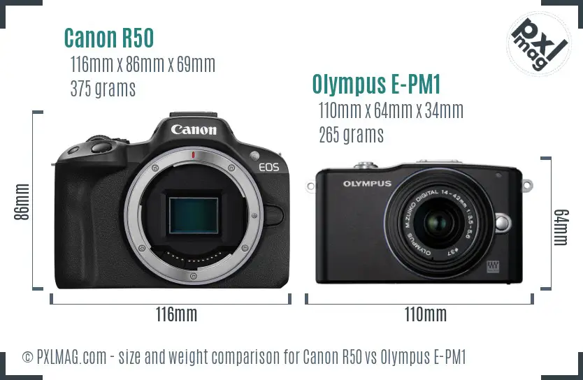 Canon R50 vs Olympus E-PM1 size comparison