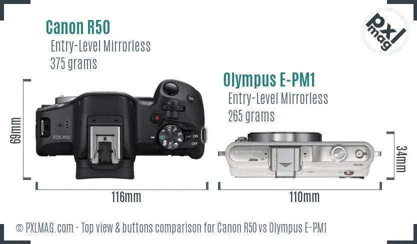 Canon R50 vs Olympus E-PM1 top view buttons comparison