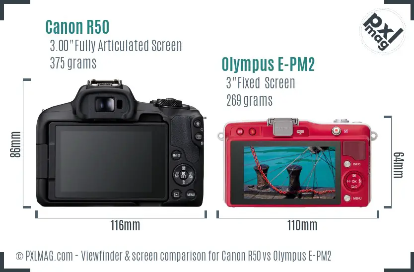 Canon R50 vs Olympus E-PM2 Screen and Viewfinder comparison