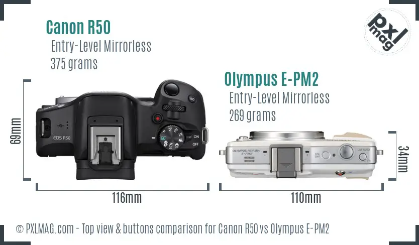 Canon R50 vs Olympus E-PM2 top view buttons comparison