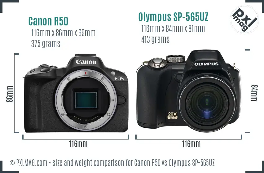 Canon R50 vs Olympus SP-565UZ size comparison Canon R50 vs Olympus SP-565UZ size comparison