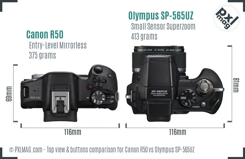 Canon R50 vs Olympus SP-565UZ top view buttons comparison Canon R50 vs Olympus SP-565UZ top view buttons comparison