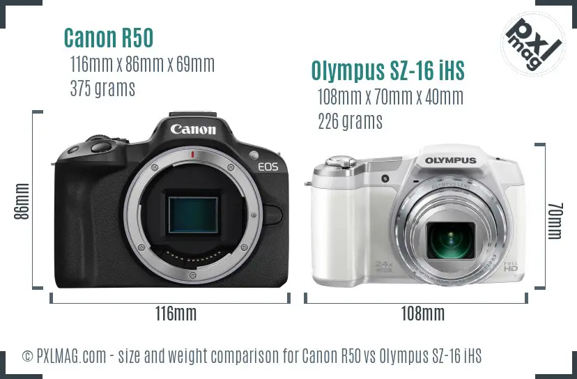 Canon R50 vs Olympus SZ-16 iHS size comparison Canon R50 vs Olympus SZ-16 iHS size comparison