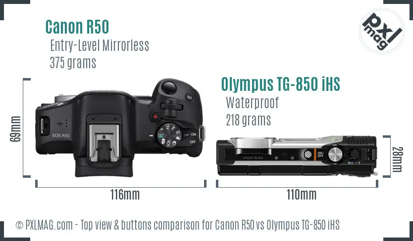 Canon R50 vs Olympus TG-850 iHS top view buttons comparison Canon R50 vs Olympus TG-850 iHS top view buttons comparison