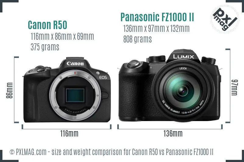 Canon R50 vs Panasonic FZ1000 II size comparison Canon R50 vs Panasonic FZ1000 II size comparison