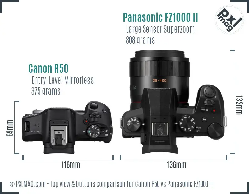 Canon R50 vs Panasonic FZ1000 II top view buttons comparison Canon R50 vs Panasonic FZ1000 II top view buttons comparison