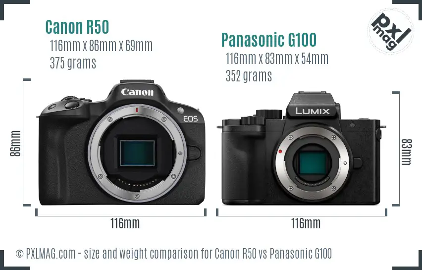 Canon R50 vs Panasonic G100 size comparison