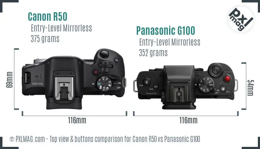 Canon R50 vs Panasonic G100 top view buttons comparison