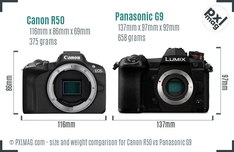 Canon R50 vs Panasonic G9 size comparison