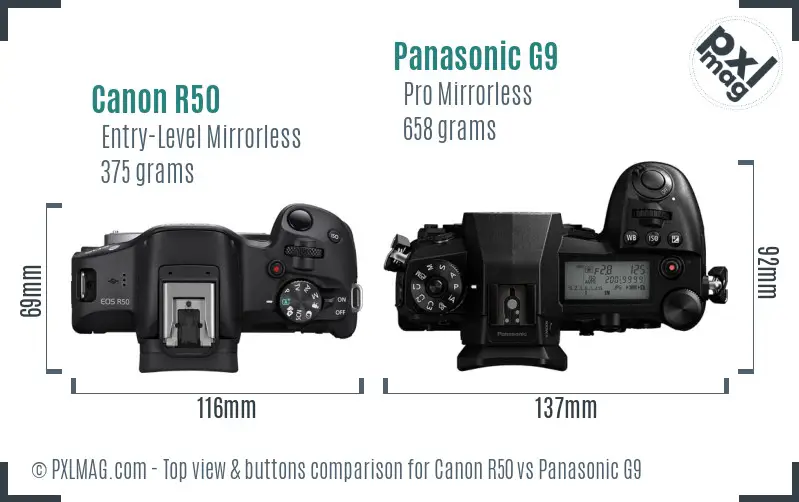 Canon R50 vs Panasonic G9 top view buttons comparison