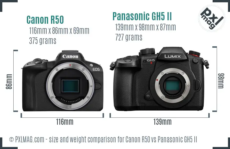 Canon R50 vs Panasonic GH5 II size comparison