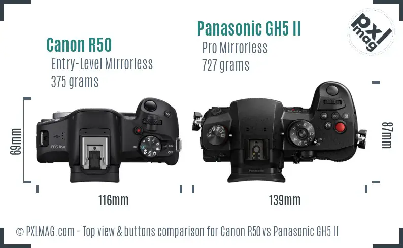 Canon R50 vs Panasonic GH5 II top view buttons comparison