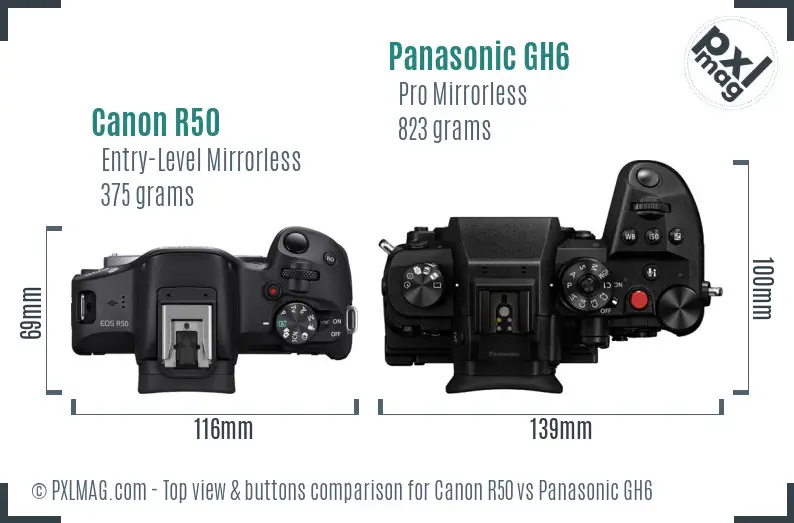 Canon R50 vs Panasonic GH6 top view buttons comparison