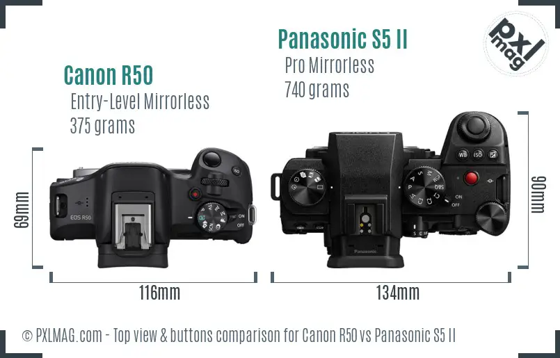 Canon R50 vs Panasonic S5 II top view buttons comparison