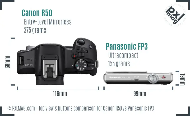 Canon R50 vs Panasonic FP3 top view buttons comparison Canon R50 vs Panasonic FP3 top view buttons comparison