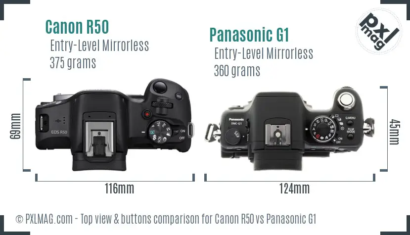 Canon R50 vs Panasonic G1 top view buttons comparison