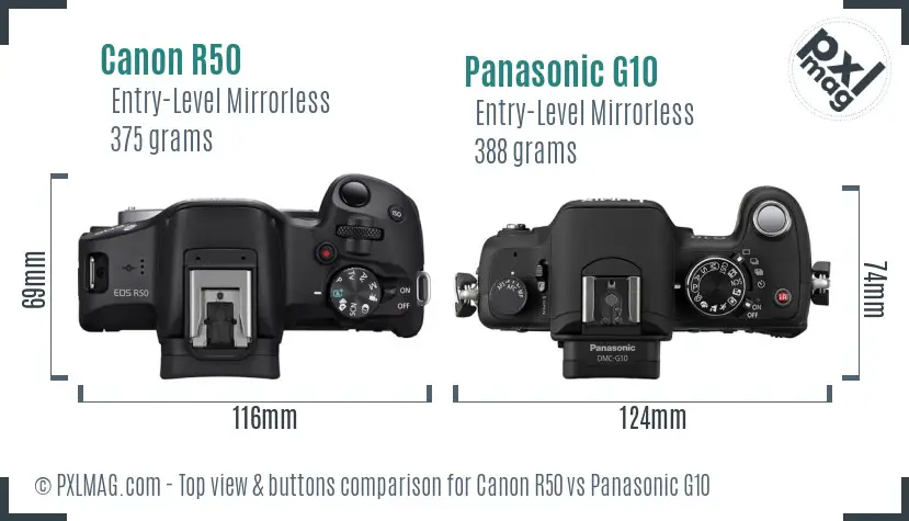Canon R50 vs Panasonic G10 top view buttons comparison