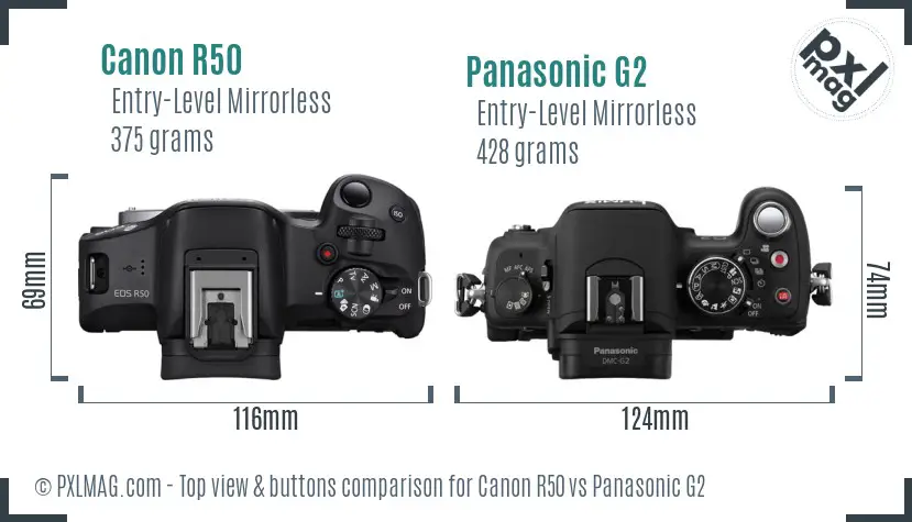 Canon R50 vs Panasonic G2 top view buttons comparison