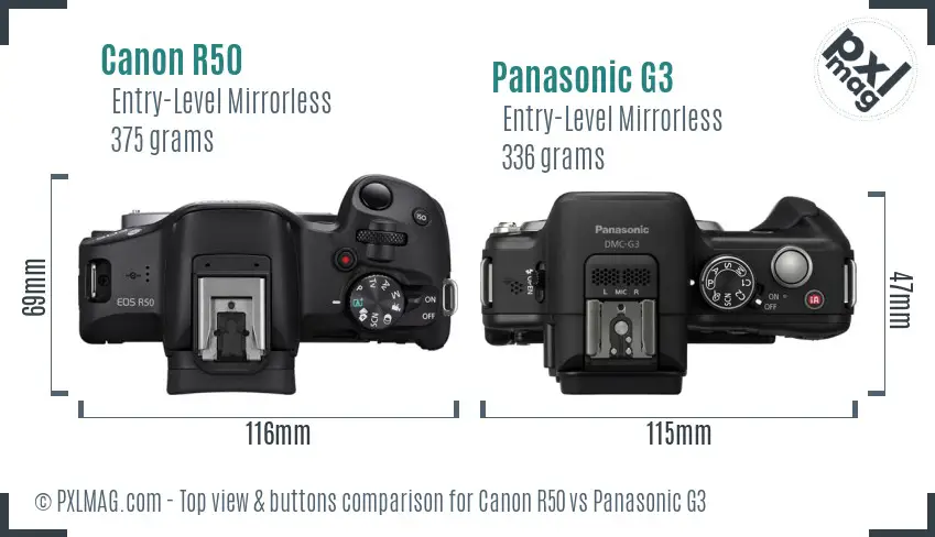 Canon R50 vs Panasonic G3 top view buttons comparison