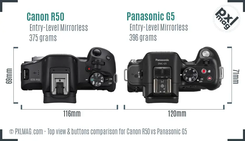 Canon R50 vs Panasonic G5 top view buttons comparison