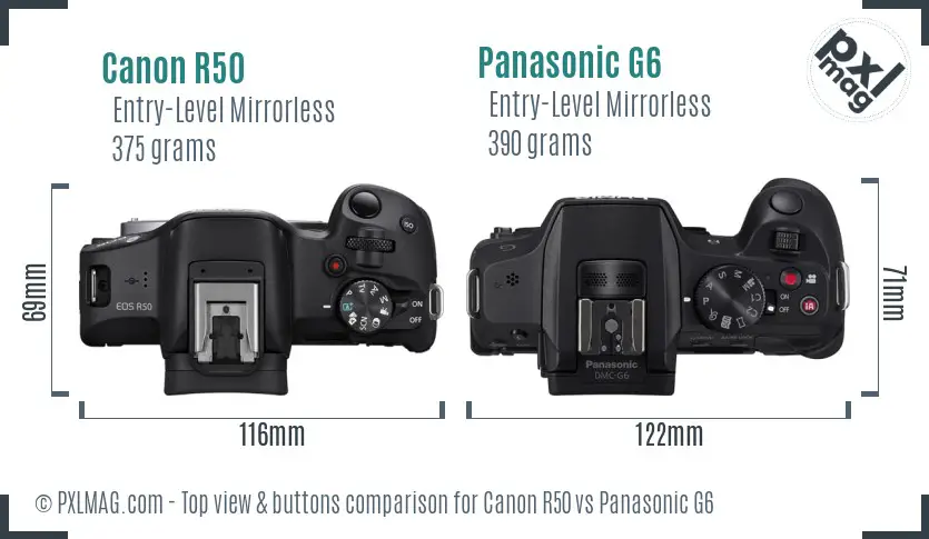Canon R50 vs Panasonic G6 top view buttons comparison