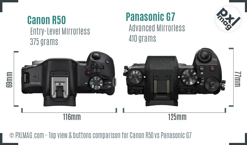 Canon R50 vs Panasonic G7 top view buttons comparison