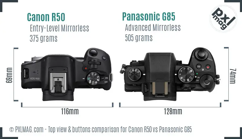Canon R50 vs Panasonic G85 top view buttons comparison Canon R50 vs Panasonic G85 top view buttons comparison