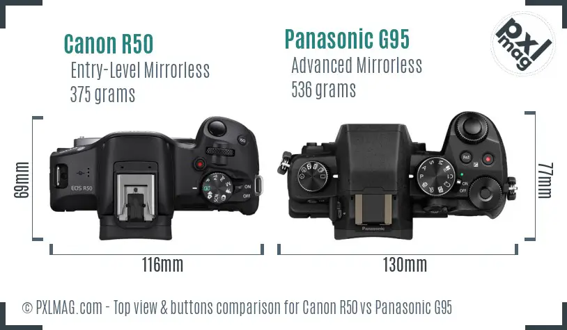 Canon R50 vs Panasonic G95 top view buttons comparison