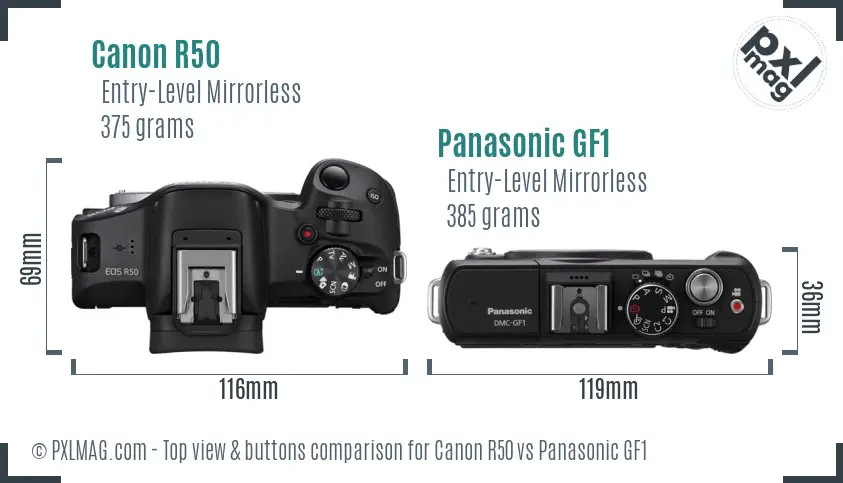 Canon R50 vs Panasonic GF1 top view buttons comparison