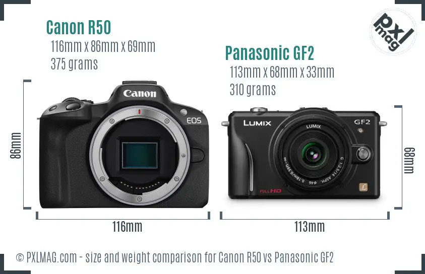 Canon R50 vs Panasonic GF2 size comparison