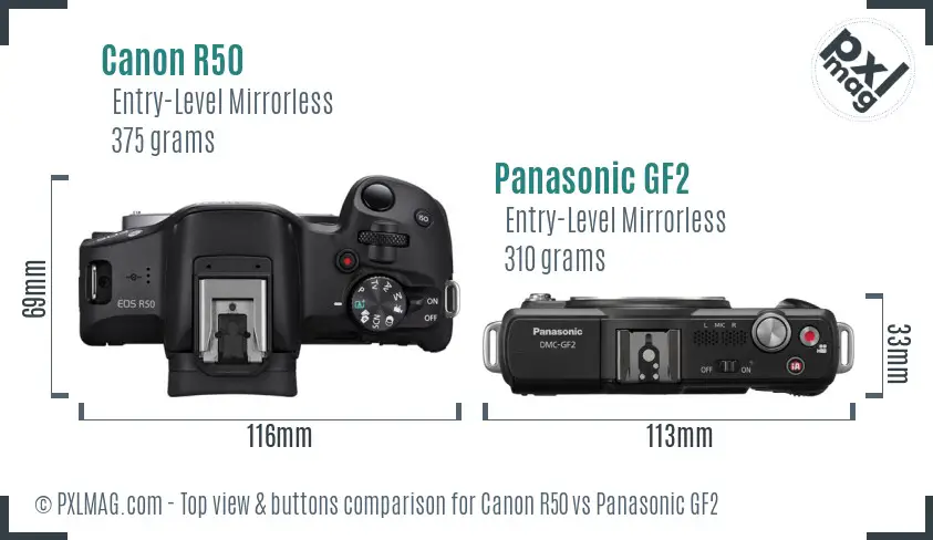 Canon R50 vs Panasonic GF2 top view buttons comparison