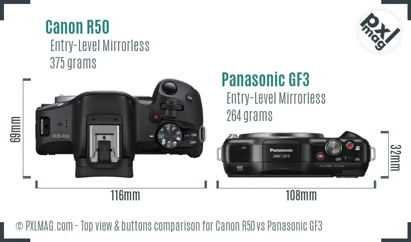 Canon R50 vs Panasonic GF3 top view buttons comparison