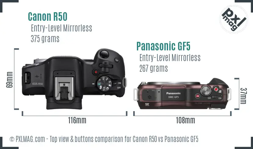 Canon R50 vs Panasonic GF5 top view buttons comparison