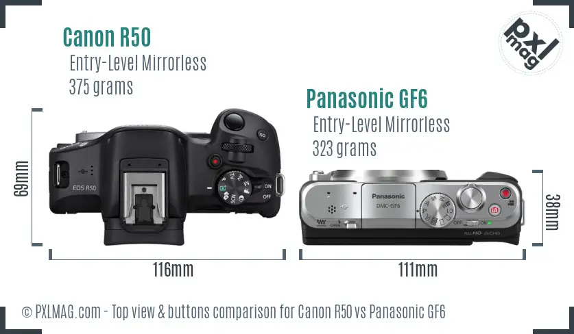 Canon R50 vs Panasonic GF6 top view buttons comparison