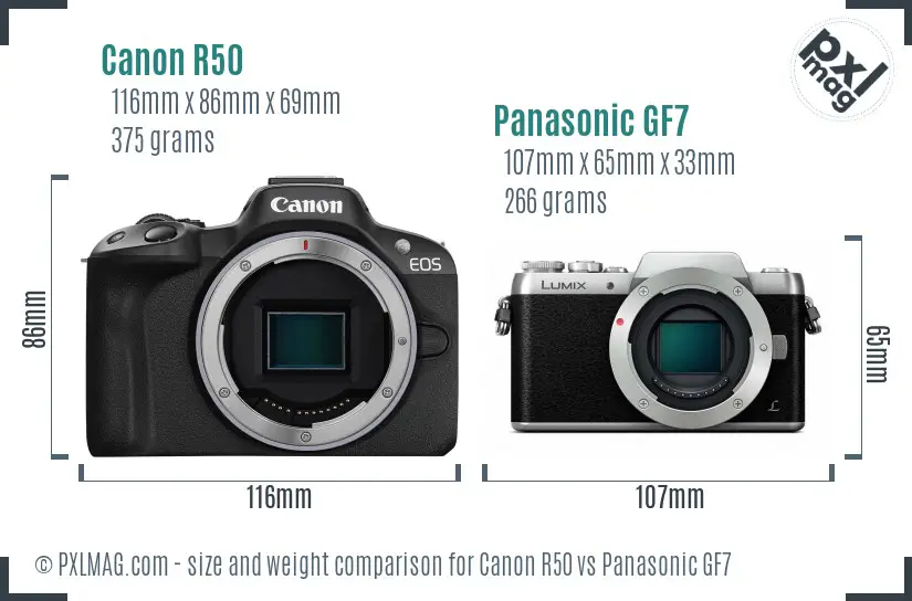Canon R50 vs Panasonic GF7 size comparison