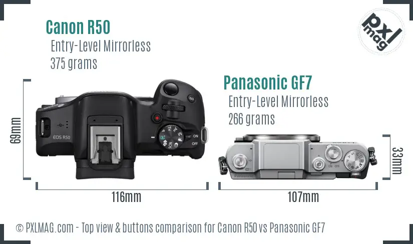 Canon R50 vs Panasonic GF7 top view buttons comparison
