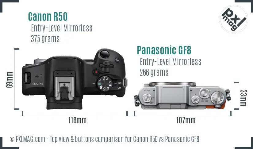Canon R50 vs Panasonic GF8 top view buttons comparison