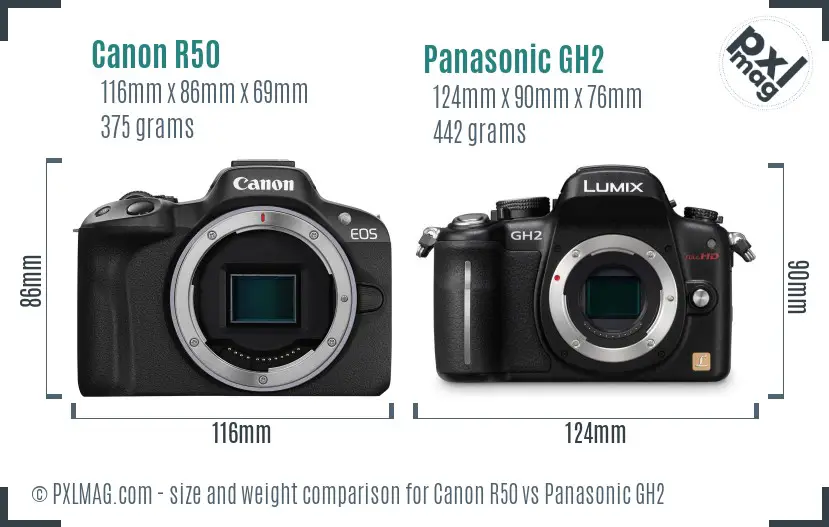 Canon R50 vs Panasonic GH2 size comparison